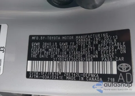 2013 Toyota Corolla Le из США, поврежденный, VIN 2T1BU4EE2DC087985